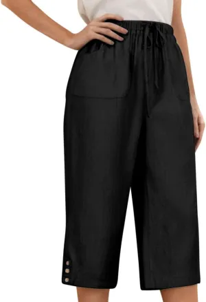 Cotton Linen Capri Wide Leg Pants for Women Casual Summer Straight Palazzo Pant Loose Fit Comfy Beach Cropped Trouser