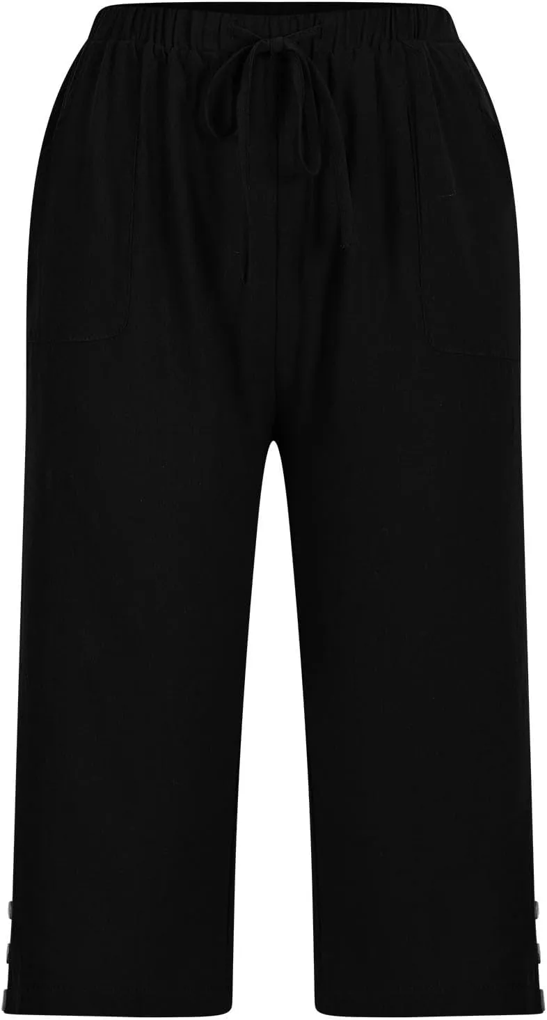 Cotton Linen Capri Wide Leg Pants for Women Casual Summer Straight Palazzo Pant Loose Fit Comfy Beach Cropped Trouser