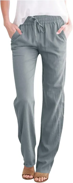Cotton Linen Pants for Women Casual Summer Wide Leg Pants Drawstring High Waist Straight Leg Trousers with Pockets