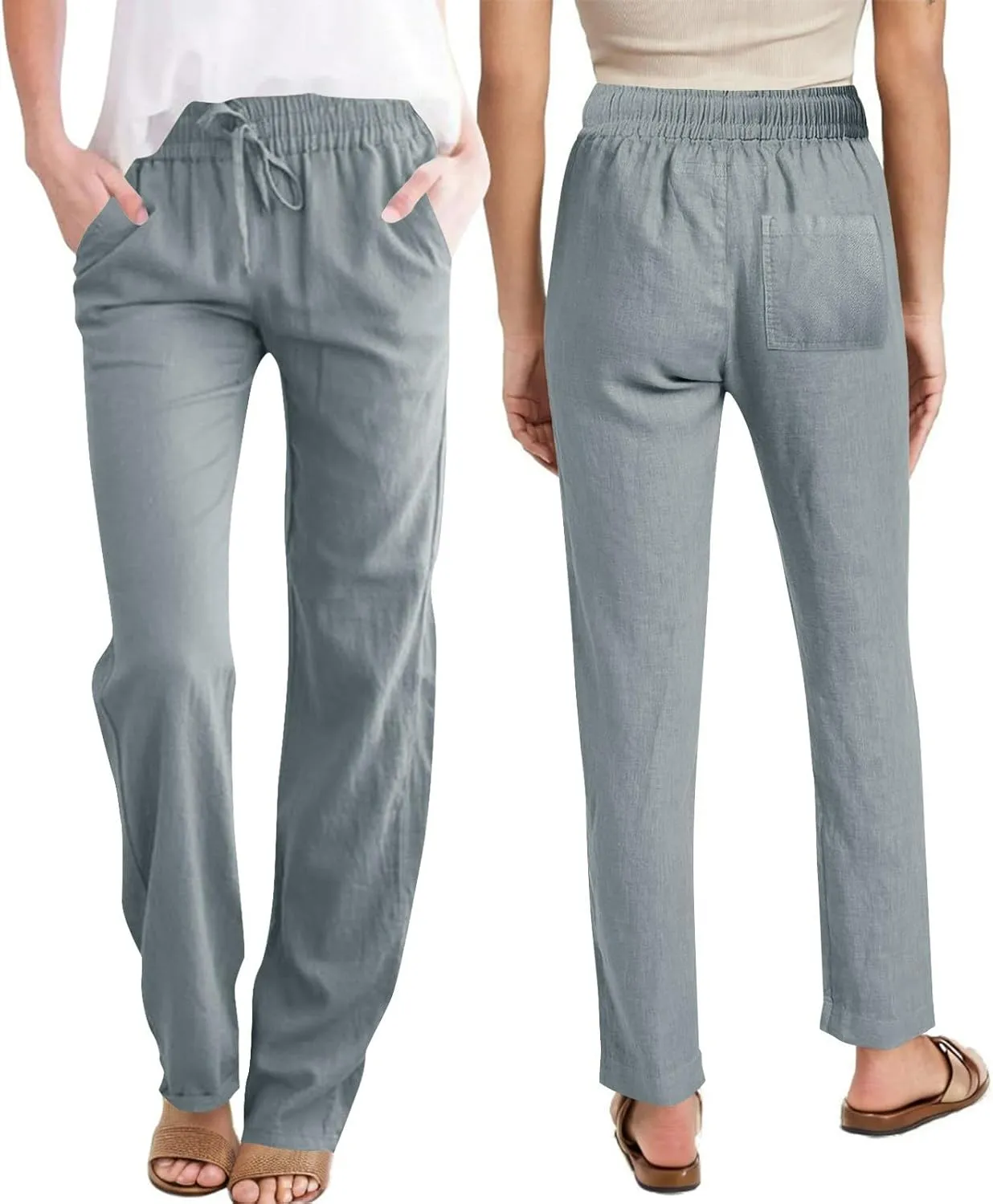 Cotton Linen Pants for Women Casual Summer Wide Leg Pants Drawstring High Waist Straight Leg Trousers with Pockets