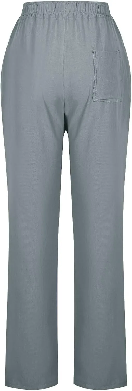 Cotton Linen Pants for Women Casual Summer Wide Leg Pants Drawstring High Waist Straight Leg Trousers with Pockets