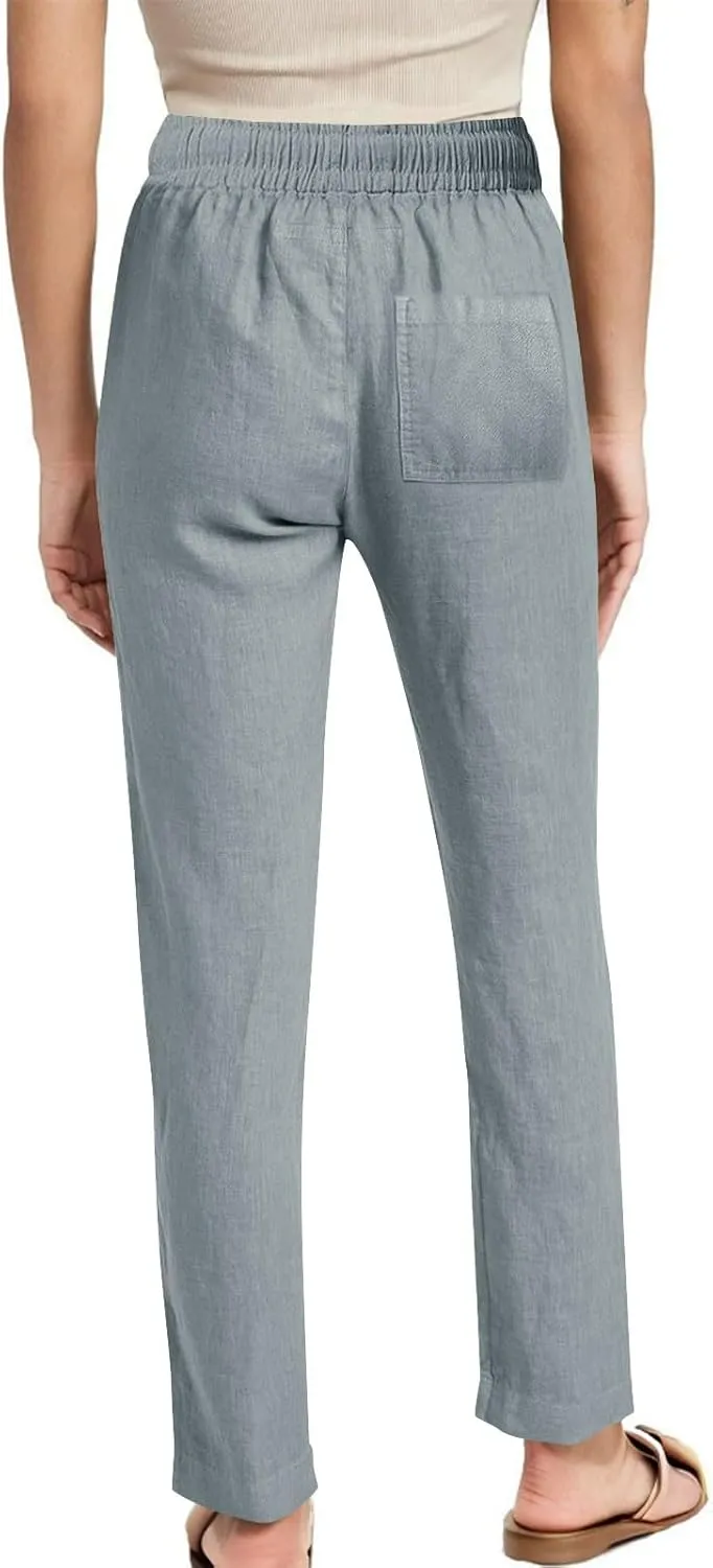 Cotton Linen Pants for Women Casual Summer Wide Leg Pants Drawstring High Waist Straight Leg Trousers with Pockets