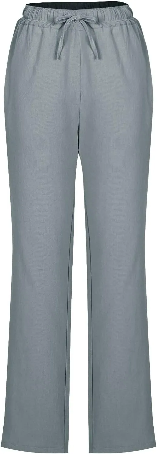 Cotton Linen Pants for Women Casual Summer Wide Leg Pants Drawstring High Waist Straight Leg Trousers with Pockets