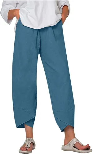 Cotton Linen Pants for Women Summer Wide Leg Capri Pants Petal Hem Baggy Cropped Trousers with Pockets