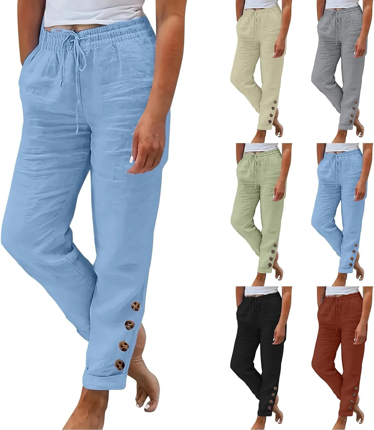Cotton Linen Pants Women Summer Casual High Waisted Straight Leg Beach Pants Loose Fit Comfy Vacation Trousers w/Pockets