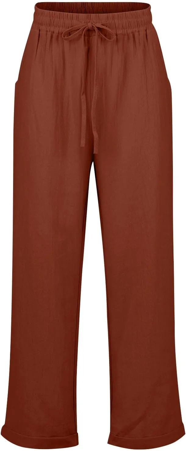 Cotton Linen Pants Women Summer Casual High Waisted Straight Leg Beach Pants Loose Fit Comfy Vacation Trousers w/Pockets