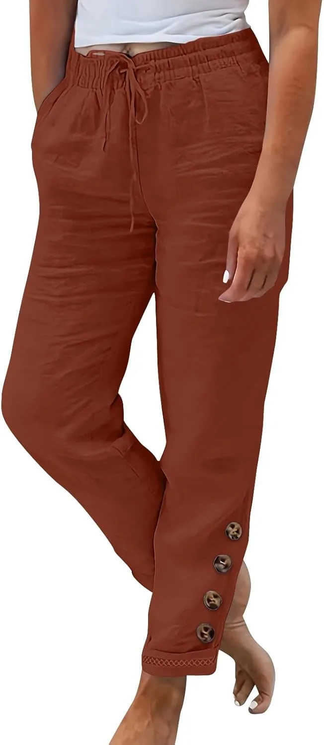Cotton Linen Pants Women Summer Casual High Waisted Straight Leg Beach Pants Loose Fit Comfy Vacation Trousers w/Pockets