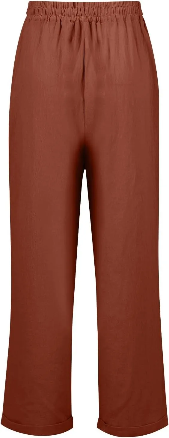 Cotton Linen Pants Women Summer Casual High Waisted Straight Leg Beach Pants Loose Fit Comfy Vacation Trousers w/Pockets