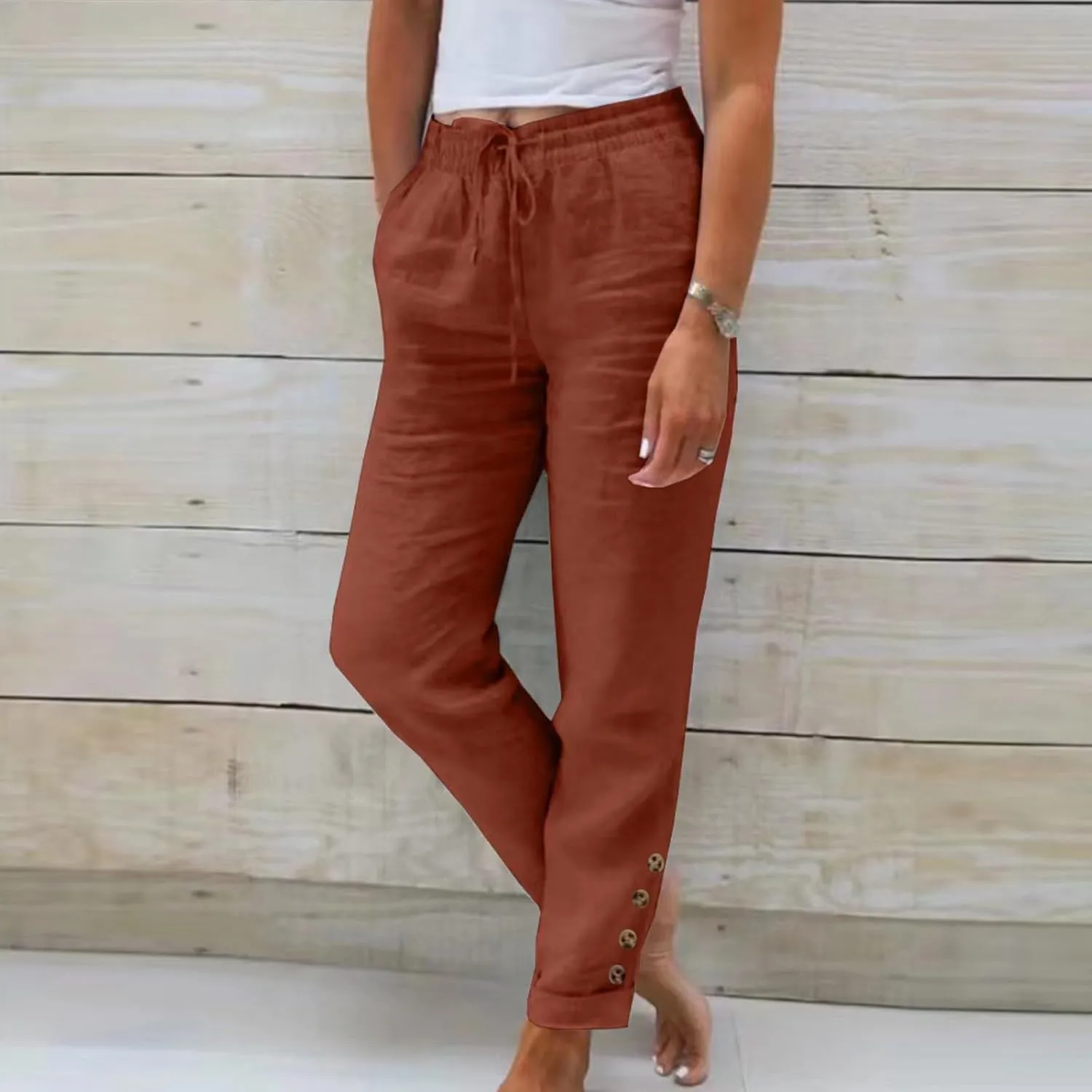 Cotton Linen Pants Women Summer Casual High Waisted Straight Leg Beach Pants Loose Fit Comfy Vacation Trousers w/Pockets