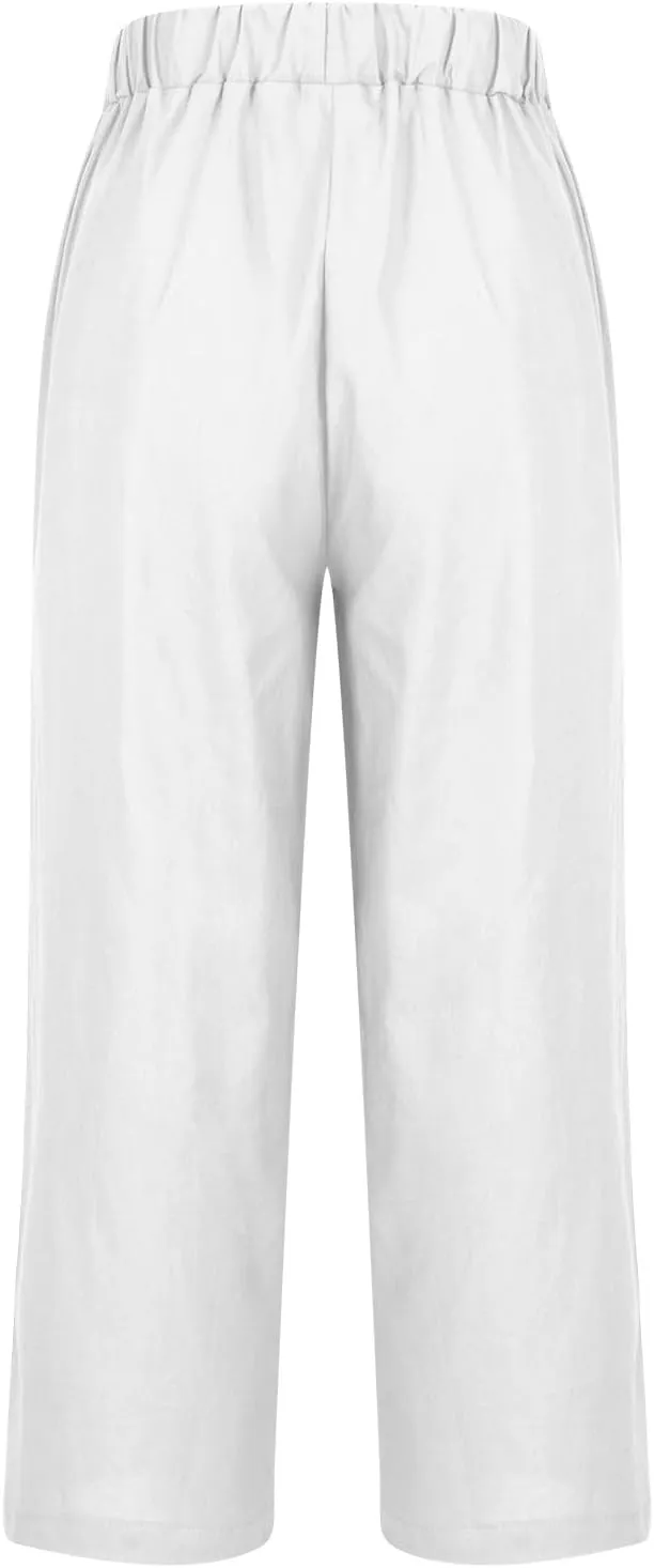 Cotton Linen Pants Women Summer Elastic Waist Crop Pants with Pocket Plus Size Straight Leg Slack Casual Trouser