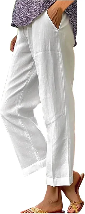 Cotton Linen Pants Women Summer Elastic Waist Crop Pants with Pocket Plus Size Straight Leg Slack Casual Trouser