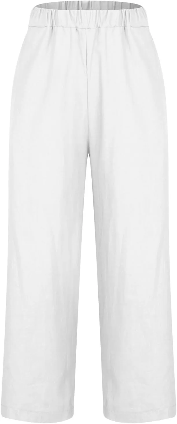 Cotton Linen Pants Women Summer Elastic Waist Crop Pants with Pocket Plus Size Straight Leg Slack Casual Trouser