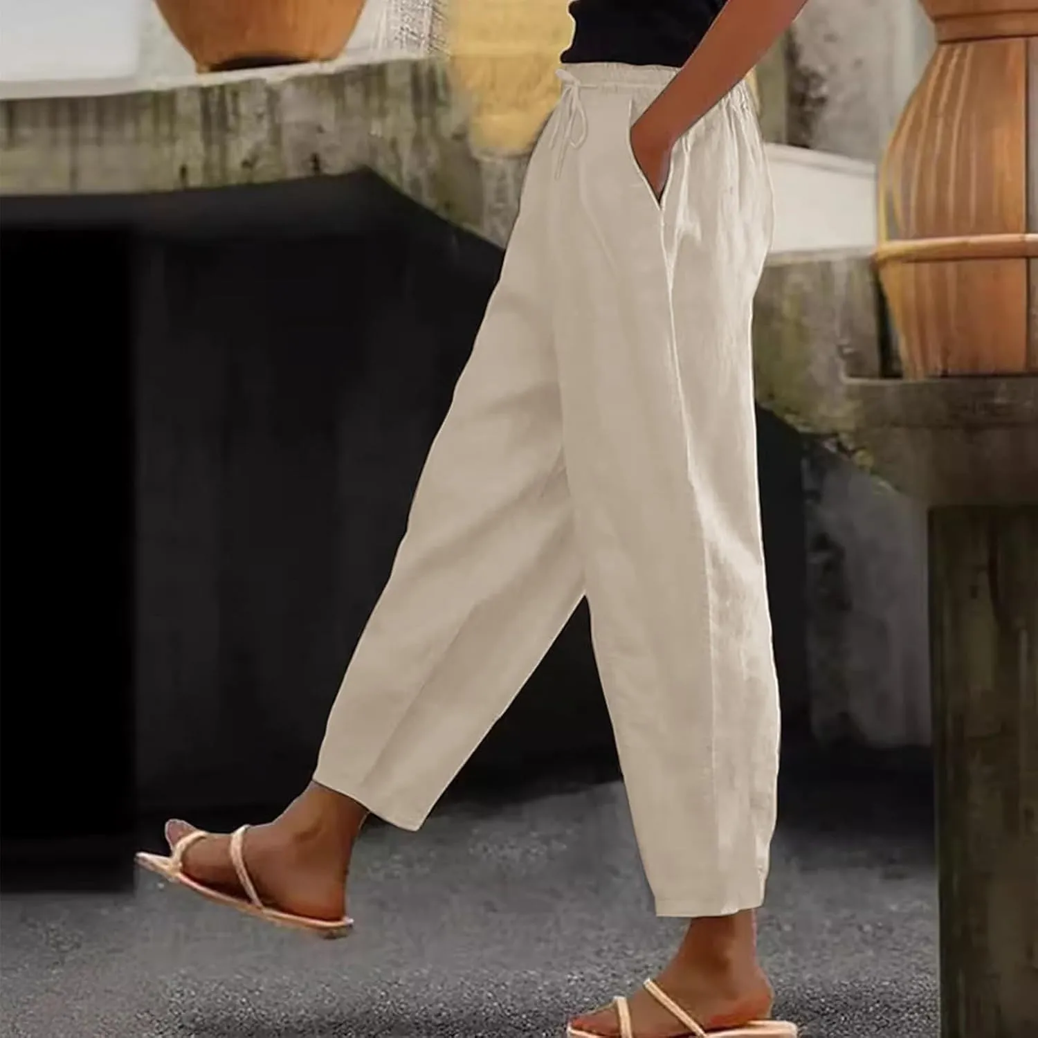 Cotton Linen Wide Leg Pants Woman Plus Size Baggy Lightweight Summer Pants High Waisted Lounge Trousers with Pockets