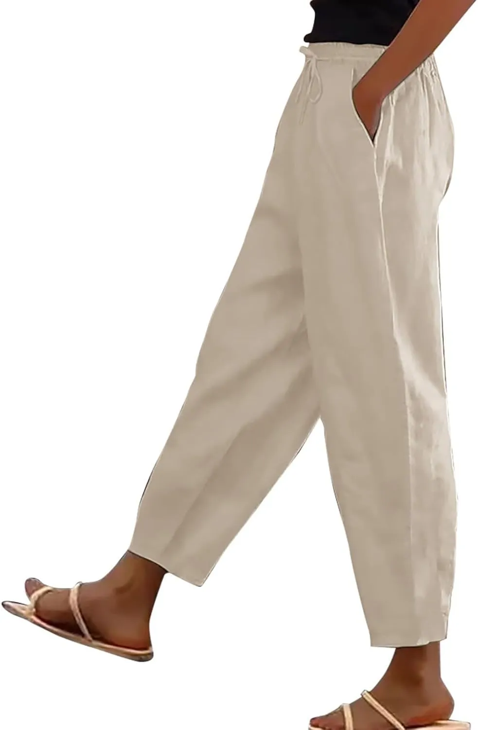 Cotton Linen Wide Leg Pants Woman Plus Size Baggy Lightweight Summer Pants High Waisted Lounge Trousers with Pockets