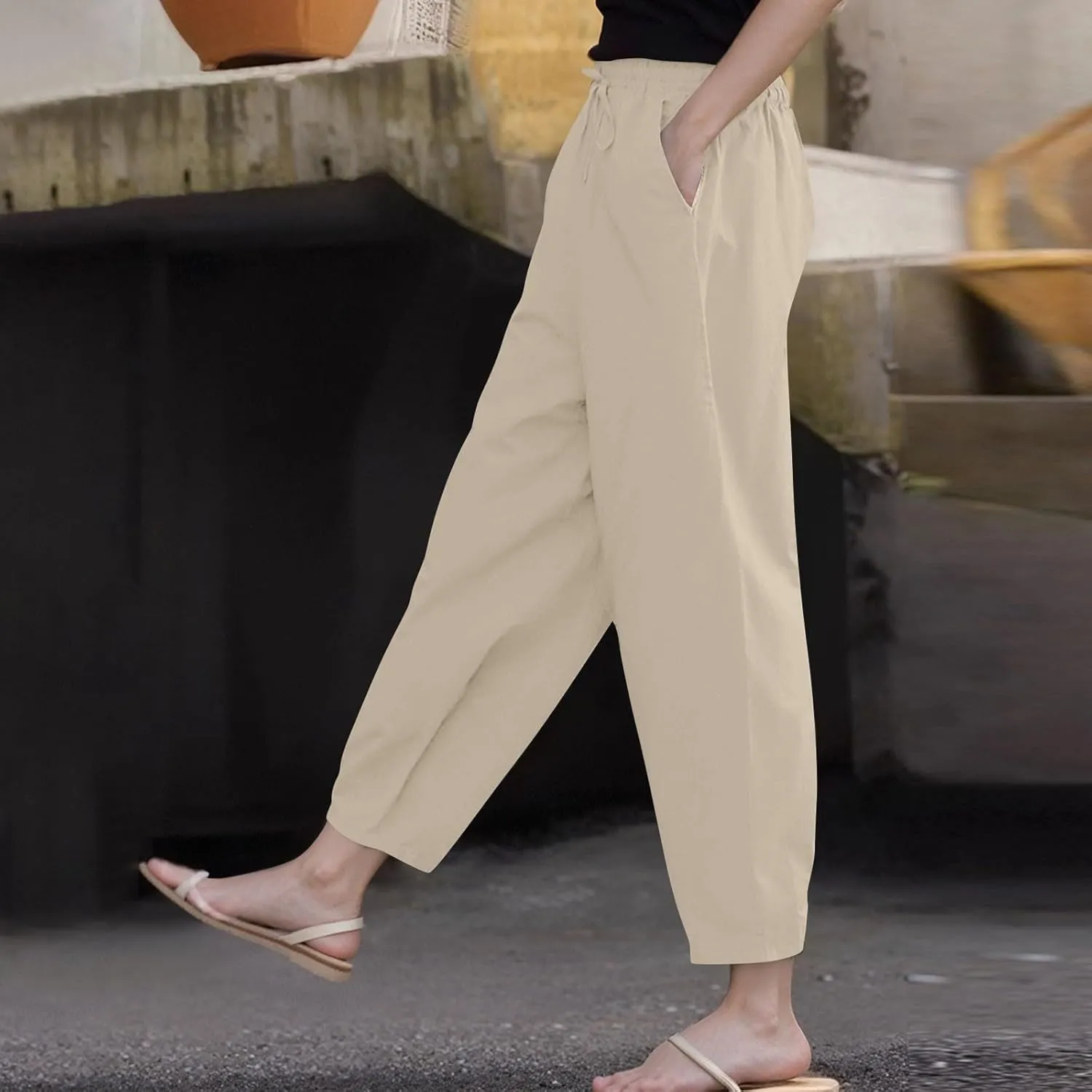 Cotton Linen Wide Leg Pants Woman Plus Size Baggy Lightweight Summer Pants High Waisted Lounge Trousers with Pockets