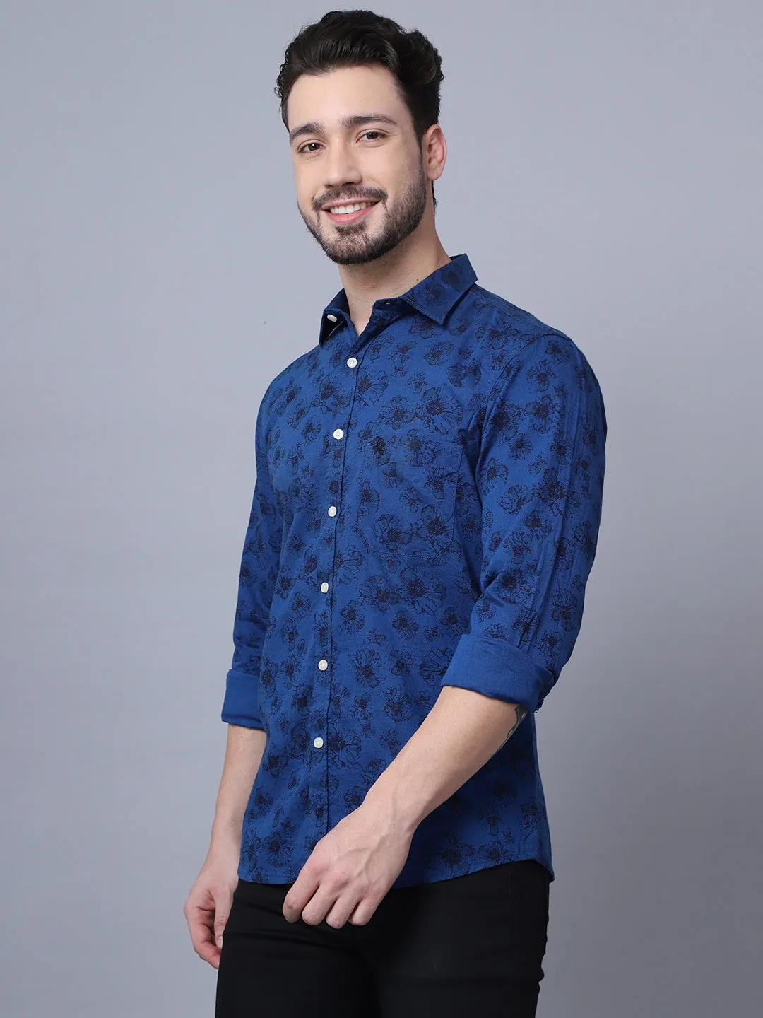 Cotton Printed Blue Full Sleeve Regular Fit Casual Shirt for Men with Pocket