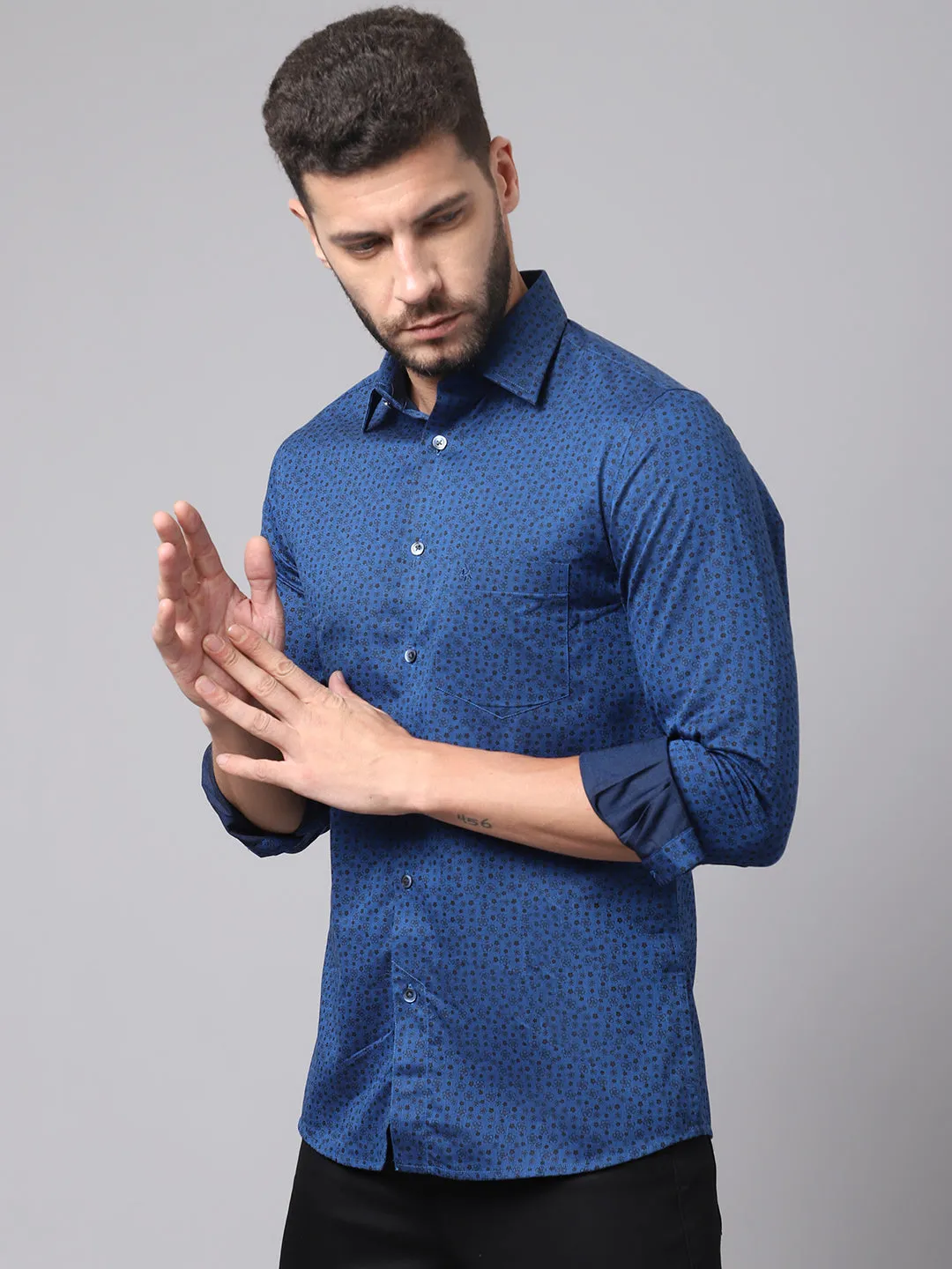 Cotton Printed Royal Blue Full Sleeve Regular Fit Casual Shirt for Men with Pocket