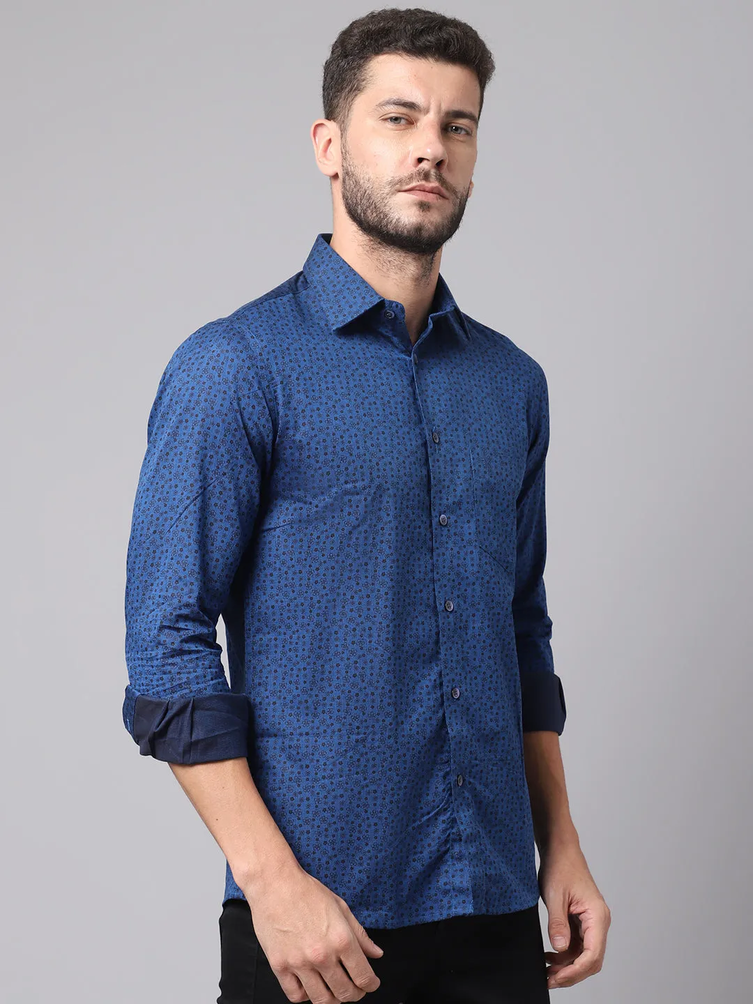 Cotton Printed Royal Blue Full Sleeve Regular Fit Casual Shirt for Men with Pocket
