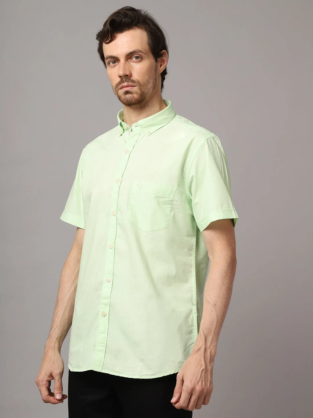 Cotton Solid Light Green Half Sleeve Regular Fit Casual Shirt for Men with Pocket
