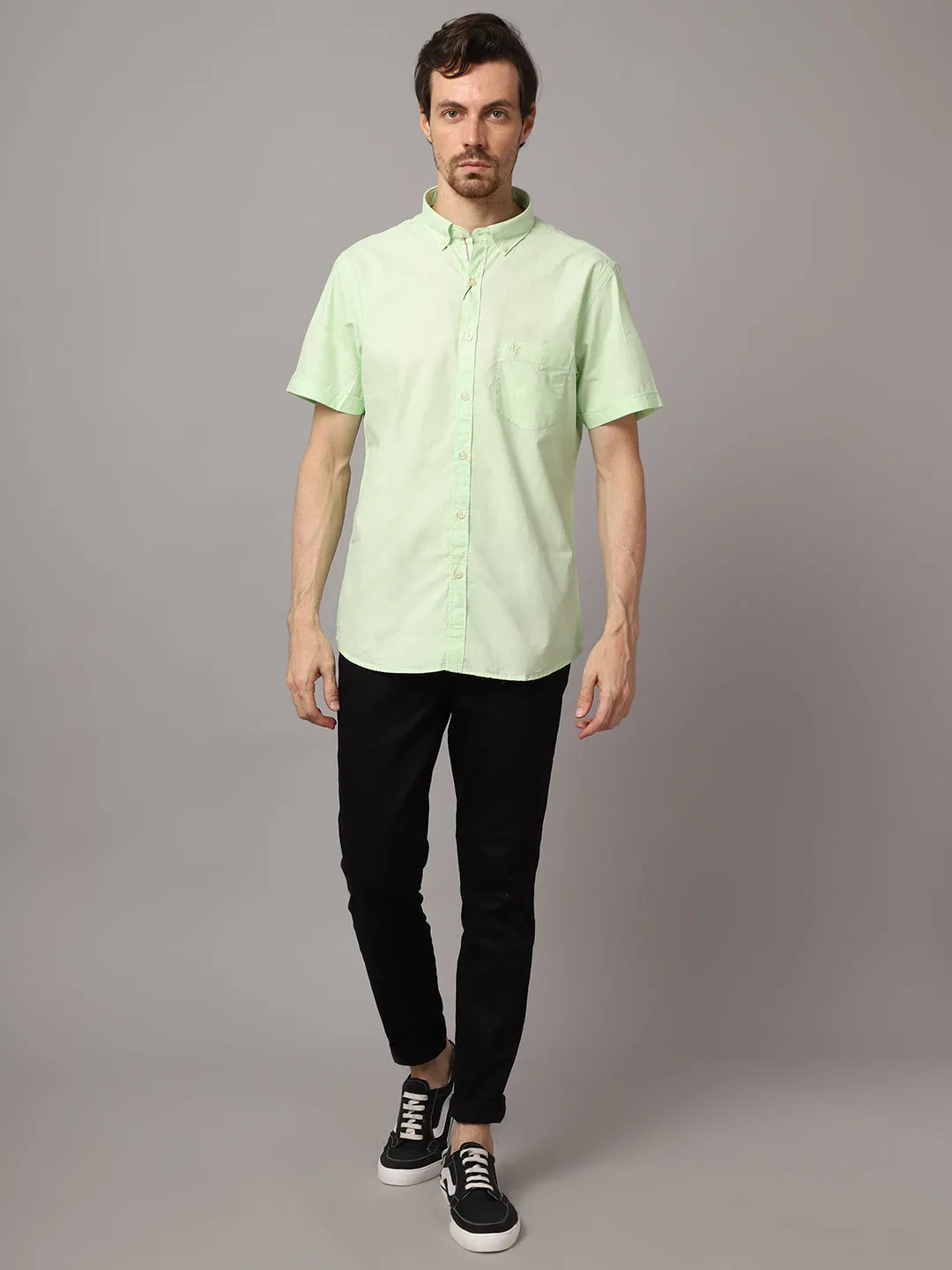 Cotton Solid Light Green Half Sleeve Regular Fit Casual Shirt for Men with Pocket