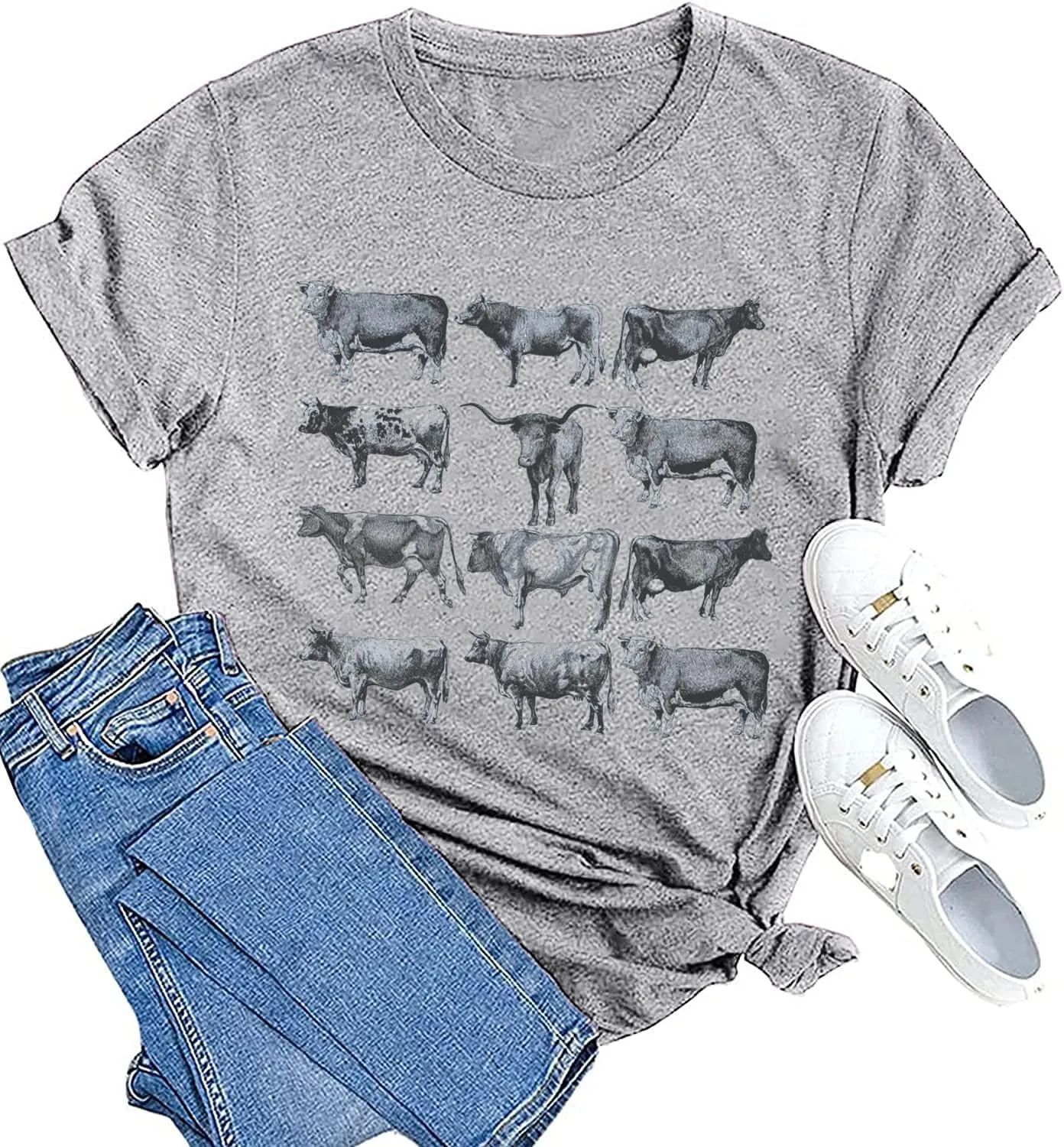 Cow Shirts for Women Western Country Cowgirl T-Shirt Retro Animal Bull Graphic Farm Life Tee Casual Short Sleeve Top