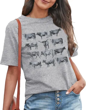 Cow Shirts for Women Western Country Cowgirl T-Shirt Retro Animal Bull Graphic Farm Life Tee Casual Short Sleeve Top
