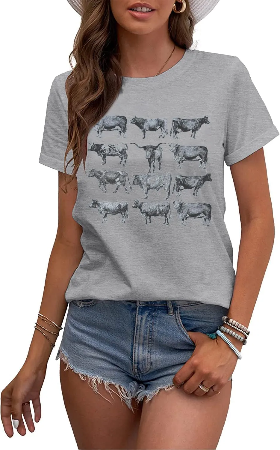Cow Shirts for Women Western Country Cowgirl T-Shirt Retro Animal Bull Graphic Farm Life Tee Casual Short Sleeve Top