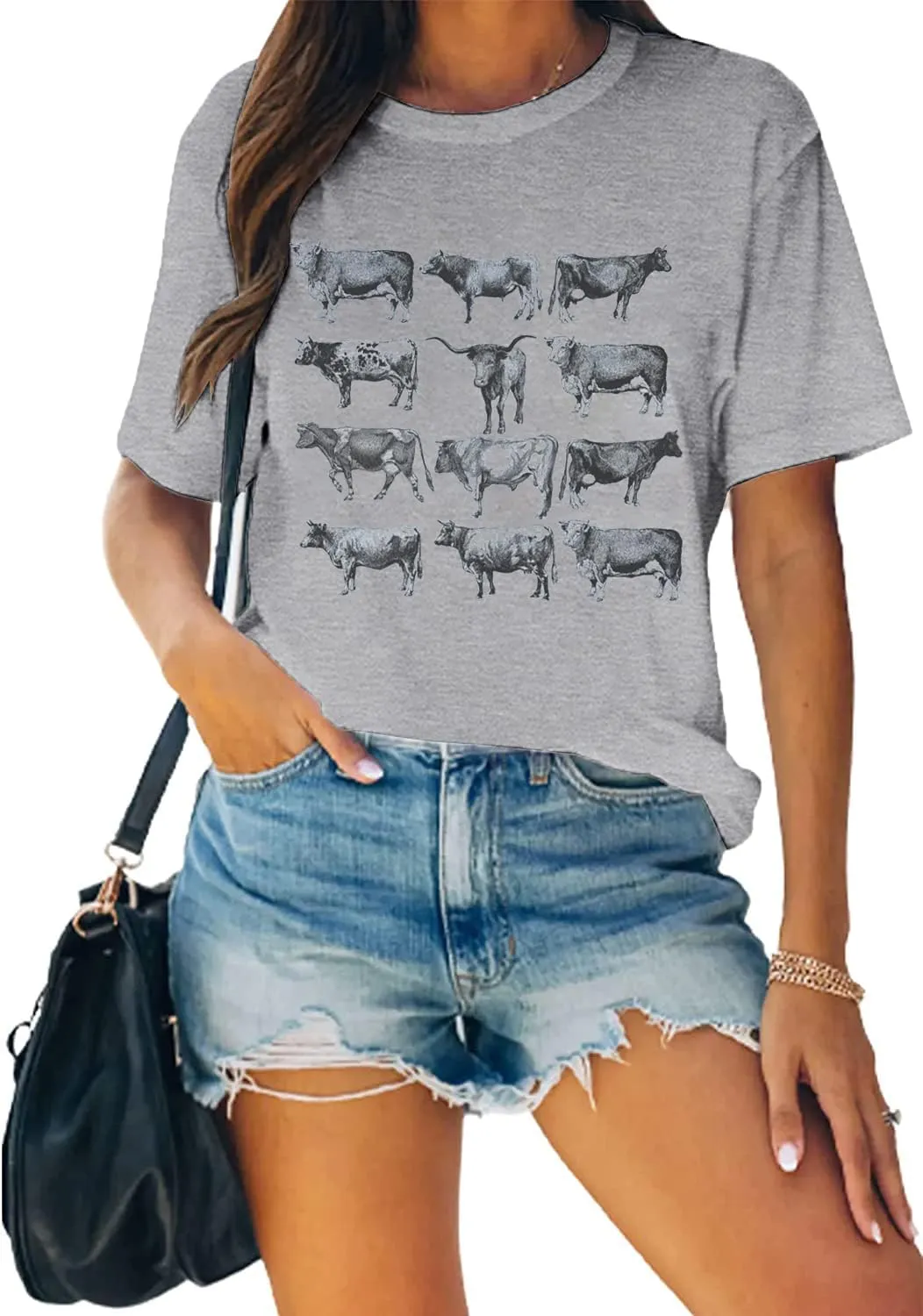 Cow Shirts for Women Western Country Cowgirl T-Shirt Retro Animal Bull Graphic Farm Life Tee Casual Short Sleeve Top