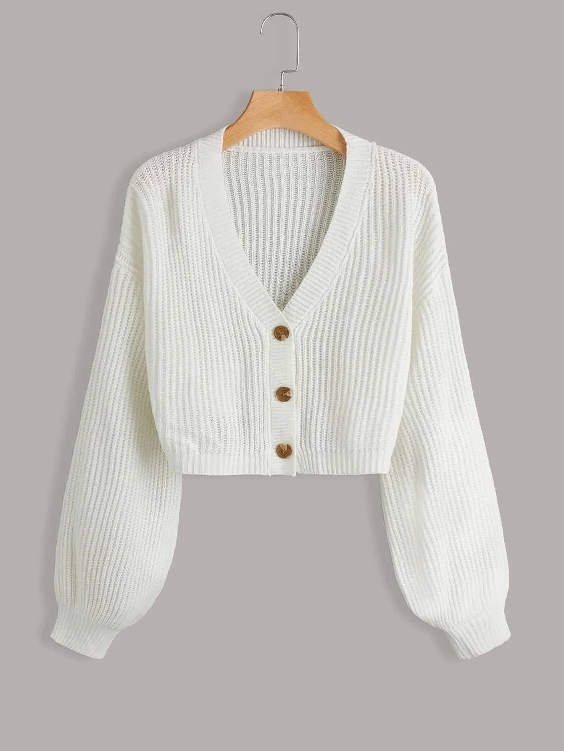 COZYEASE Women's Long Sleeve Button Down Crop Cardigan Sweater Ribbed Knit V Neck Sweater Knit Bolero Shrug