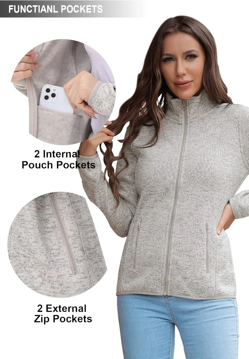 COZZIPLUS Women Zip Up Sweater Jacket with Fleece Interior, Warm Knitted Fleece Jacket with Pockets