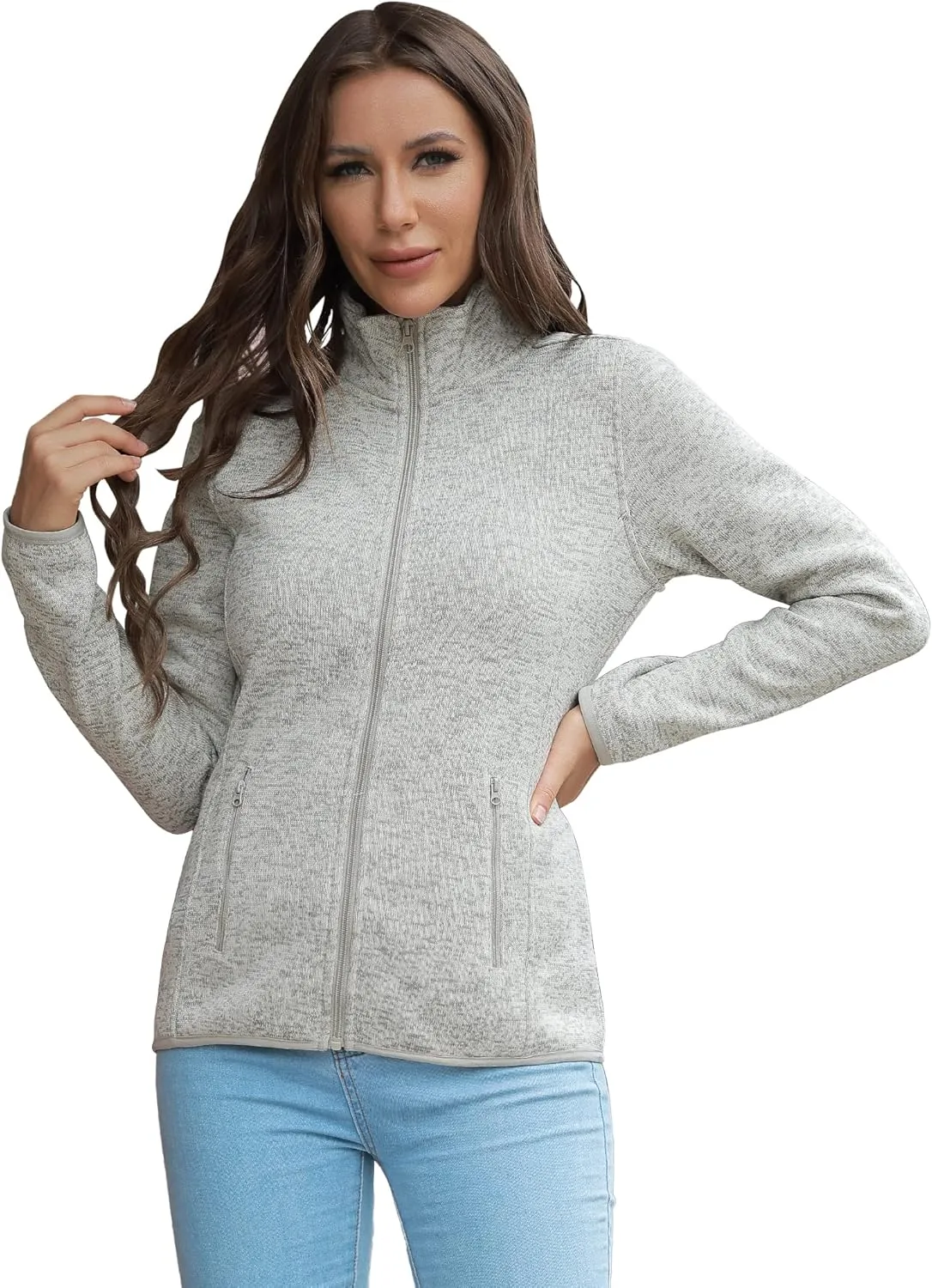 COZZIPLUS Women Zip Up Sweater Jacket with Fleece Interior, Warm Knitted Fleece Jacket with Pockets