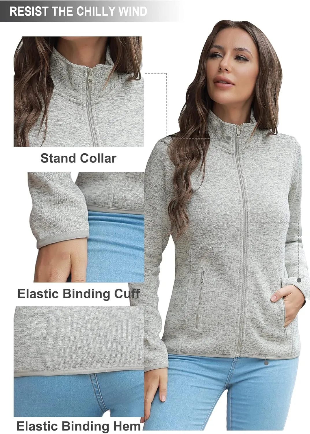 COZZIPLUS Women Zip Up Sweater Jacket with Fleece Interior, Warm Knitted Fleece Jacket with Pockets