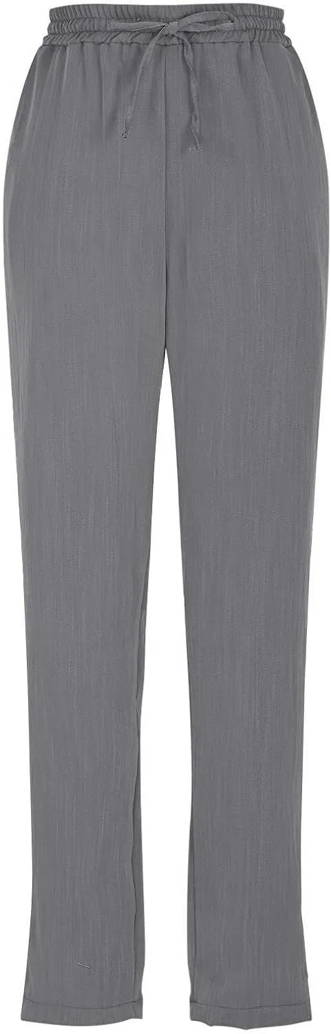 Cropped Linen Pants Women Summer Elastic Drawstring Waist Tapered Straight Leg Crop Pants Casual Beach Ankle Trousers