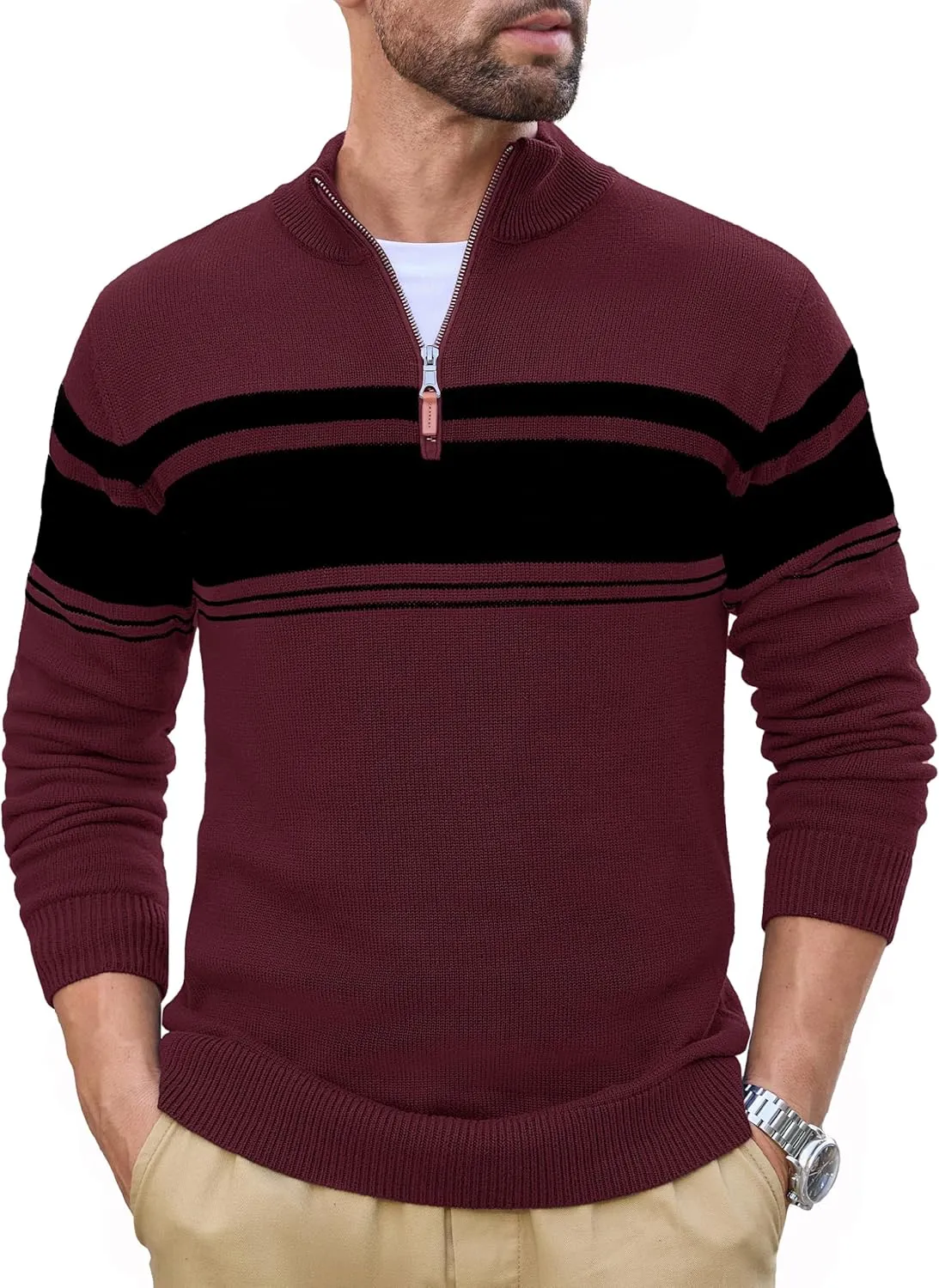 CRYSULLY Mens Sweater 1/4 Zip Cotton Polo Pullover Sweaters Casual Fall Winter Spring Striped Sweatshirts