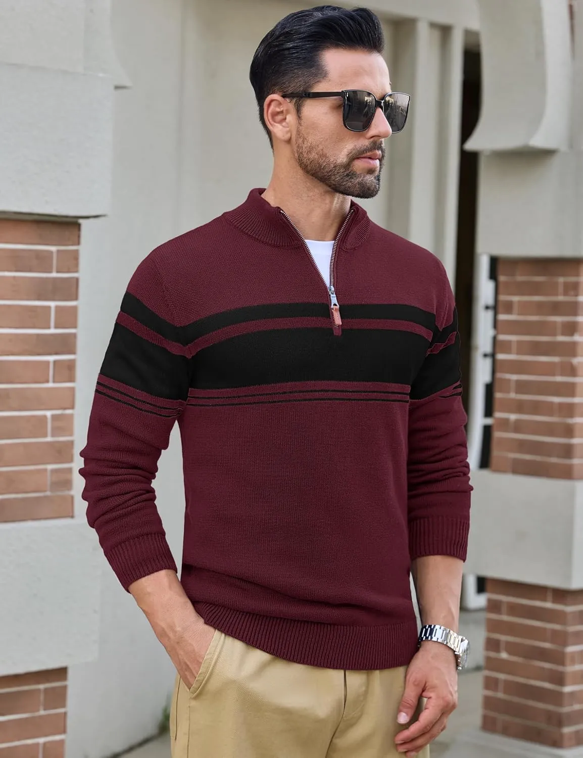 CRYSULLY Mens Sweater 1/4 Zip Cotton Polo Pullover Sweaters Casual Fall Winter Spring Striped Sweatshirts