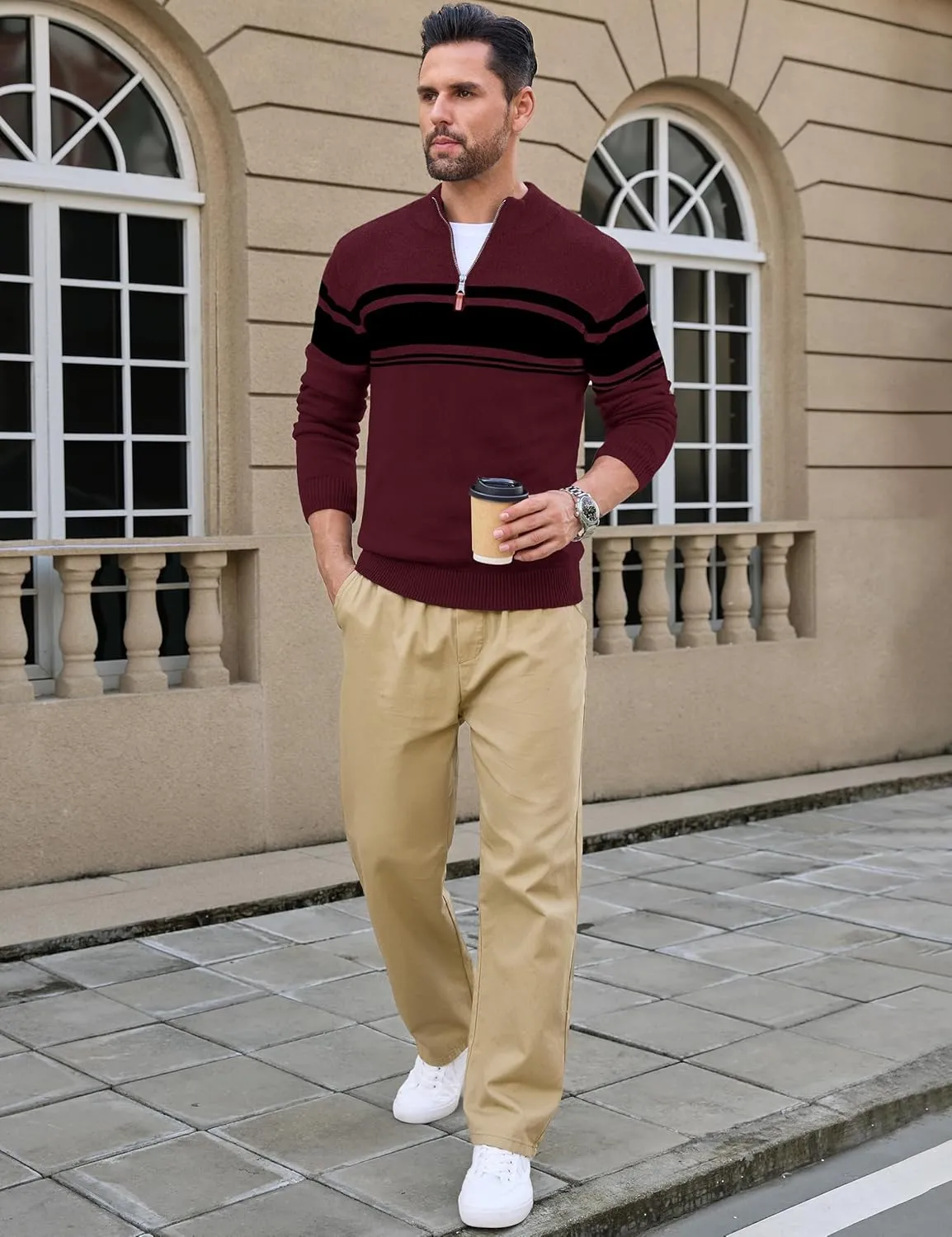 CRYSULLY Mens Sweater 1/4 Zip Cotton Polo Pullover Sweaters Casual Fall Winter Spring Striped Sweatshirts