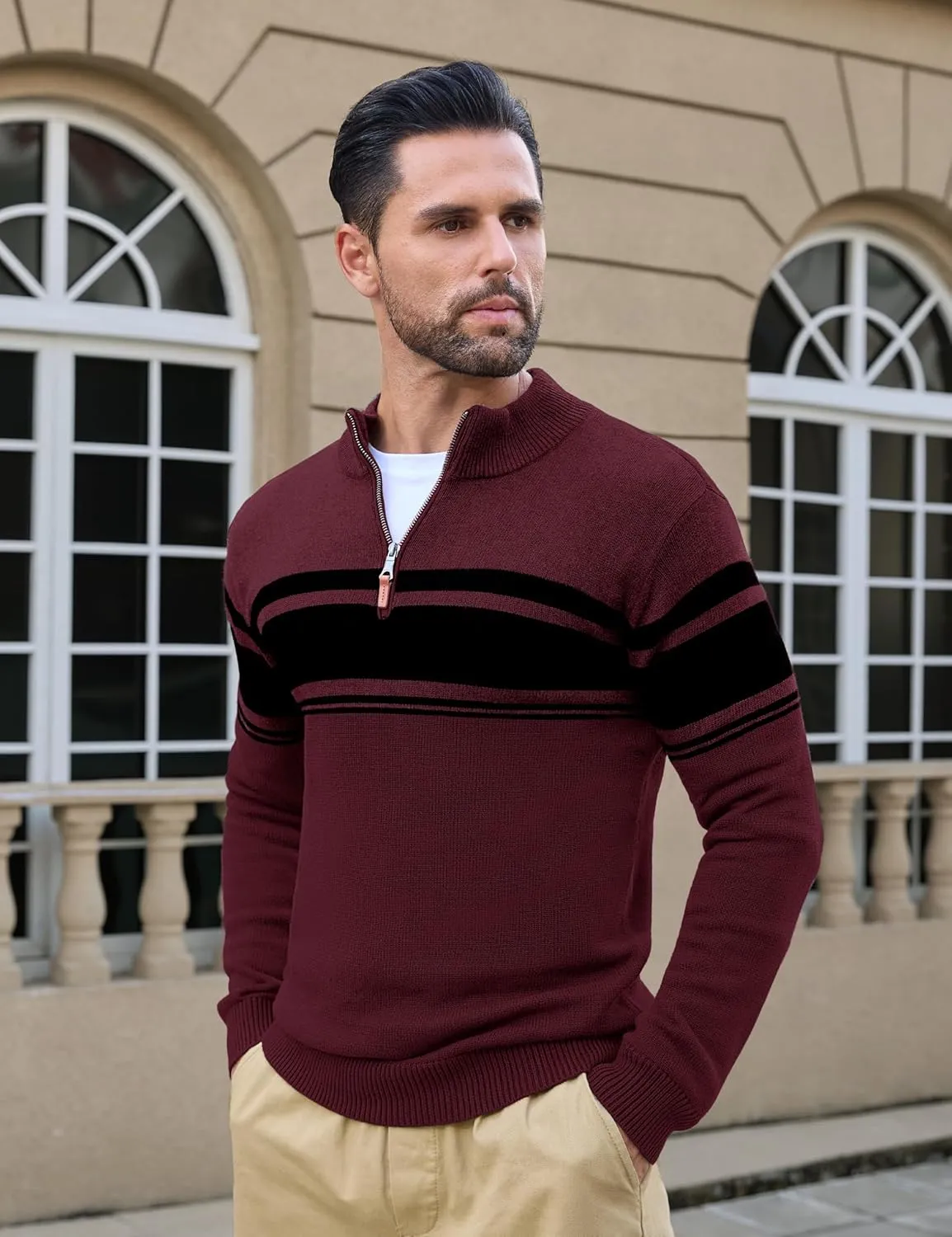 CRYSULLY Mens Sweater 1/4 Zip Cotton Polo Pullover Sweaters Casual Fall Winter Spring Striped Sweatshirts