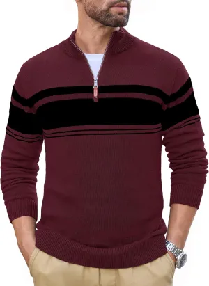CRYSULLY Mens Sweater 1/4 Zip Cotton Polo Pullover Sweaters Casual Fall Winter Spring Striped Sweatshirts