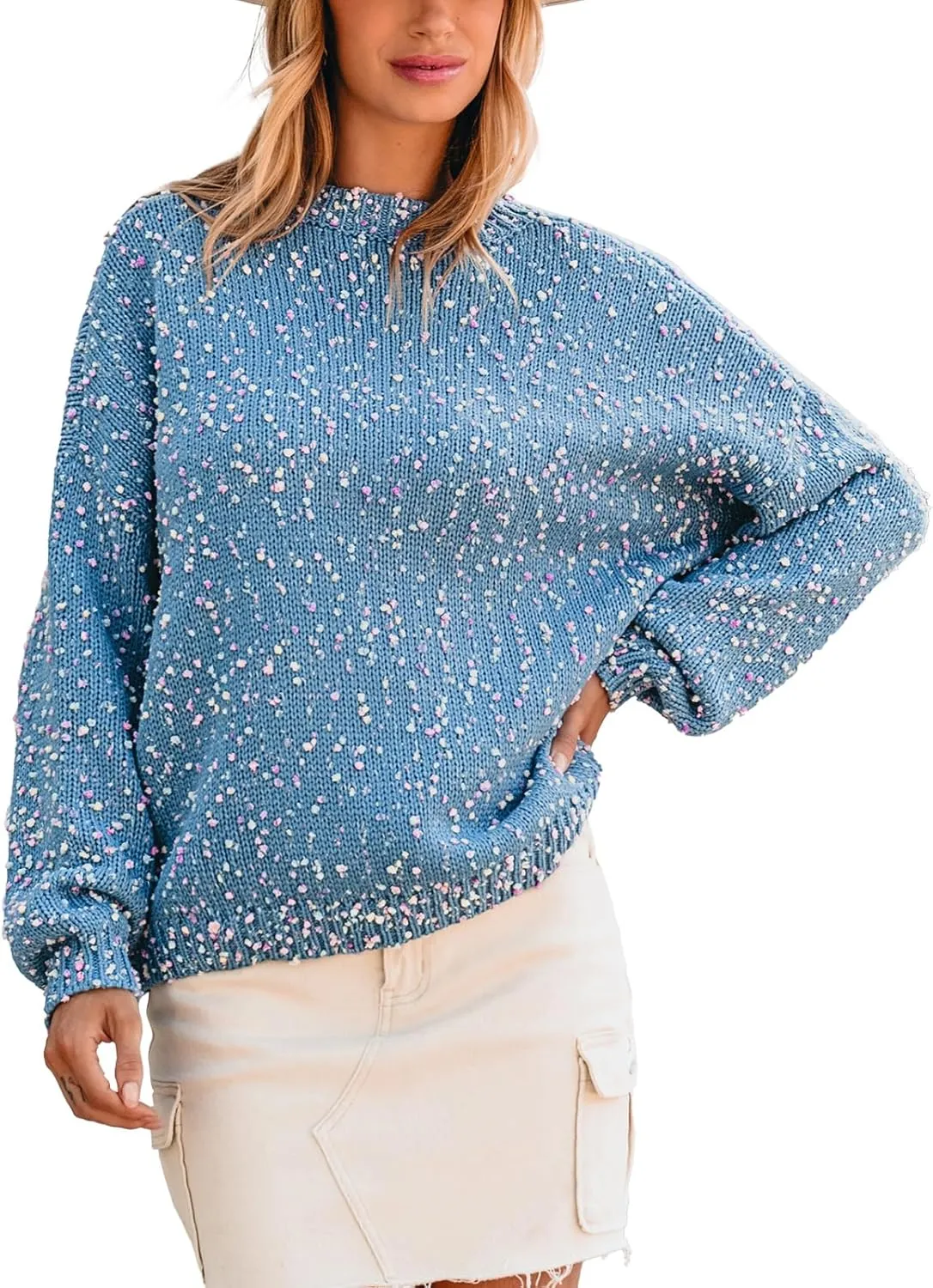 CUPSHE Womens Pullover Sweater Rainbow Pom Ribbed Knit Long Sleeve Fall Colorful Jumper Tops