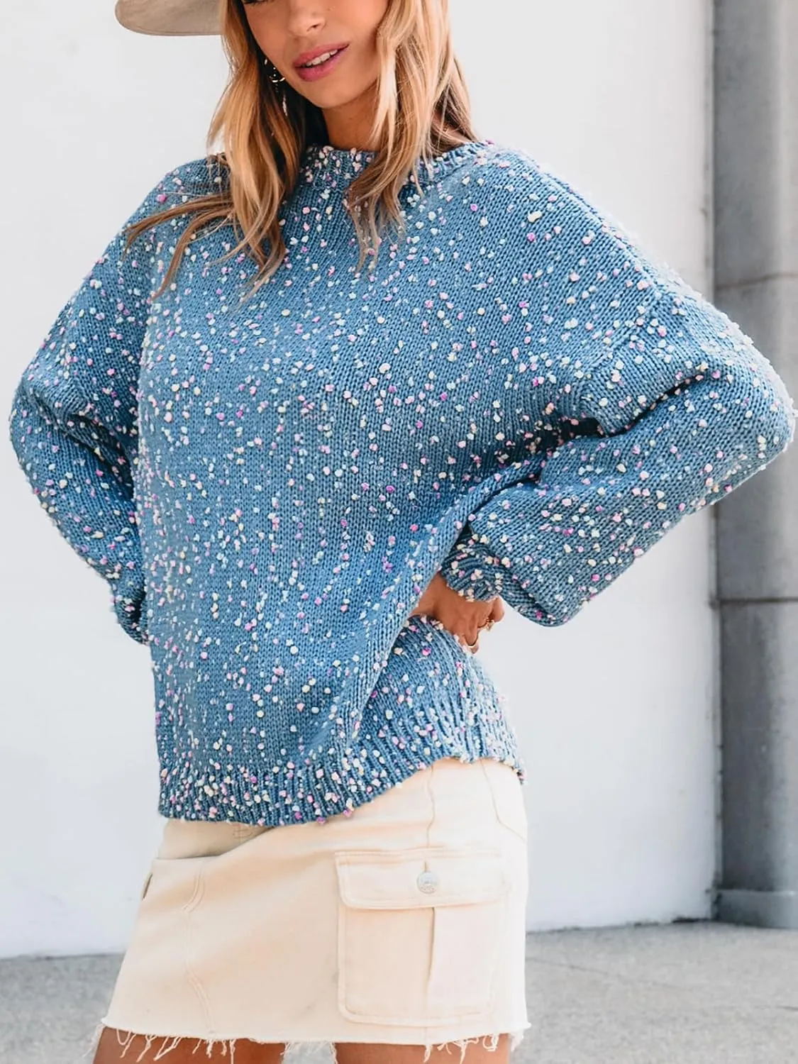 CUPSHE Womens Pullover Sweater Rainbow Pom Ribbed Knit Long Sleeve Fall Colorful Jumper Tops