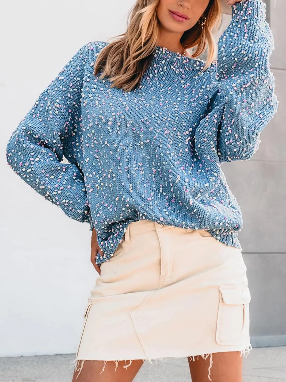 CUPSHE Womens Pullover Sweater Rainbow Pom Ribbed Knit Long Sleeve Fall Colorful Jumper Tops