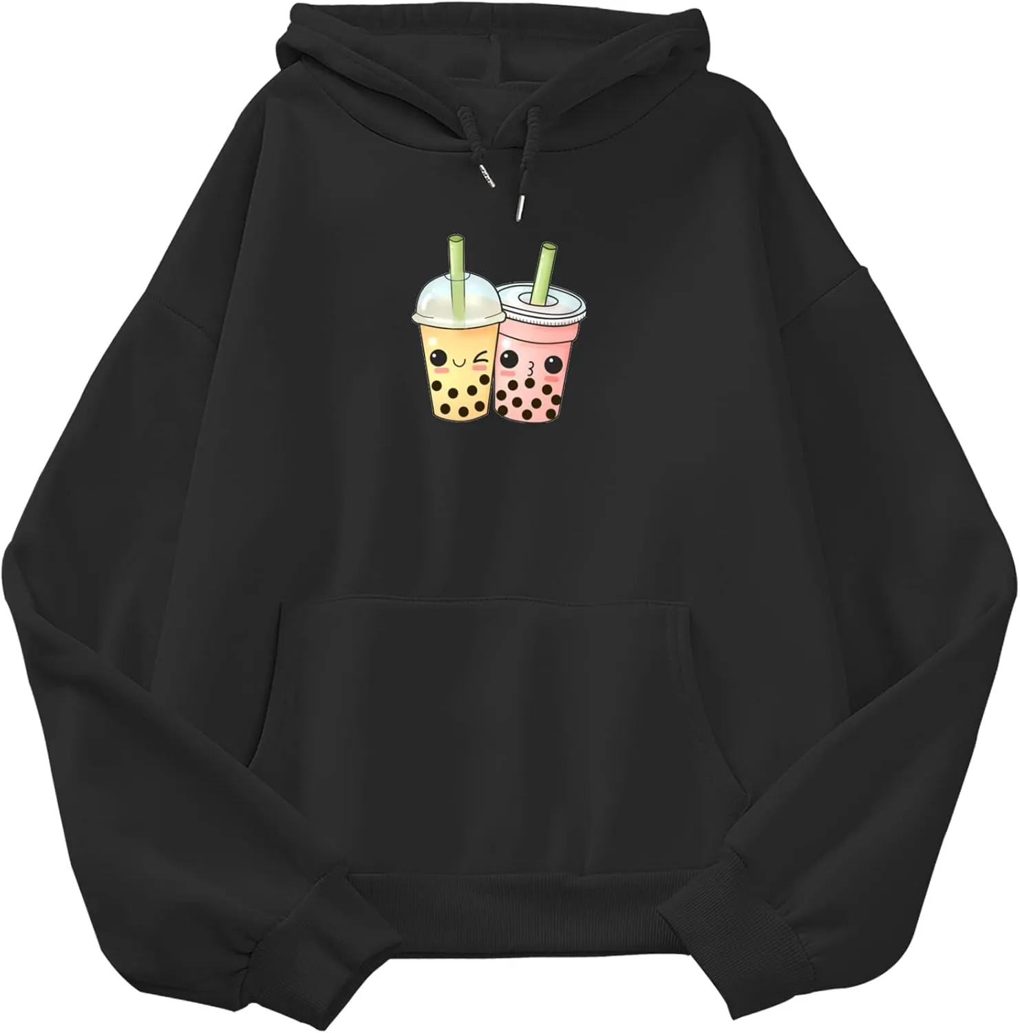 Cute Women's Milk Tea Hoodie Kawaii Y2K Cartoon Oversized Long Sleeves Aesthetic Hooded Sweatshirts for Teens(Black,L)