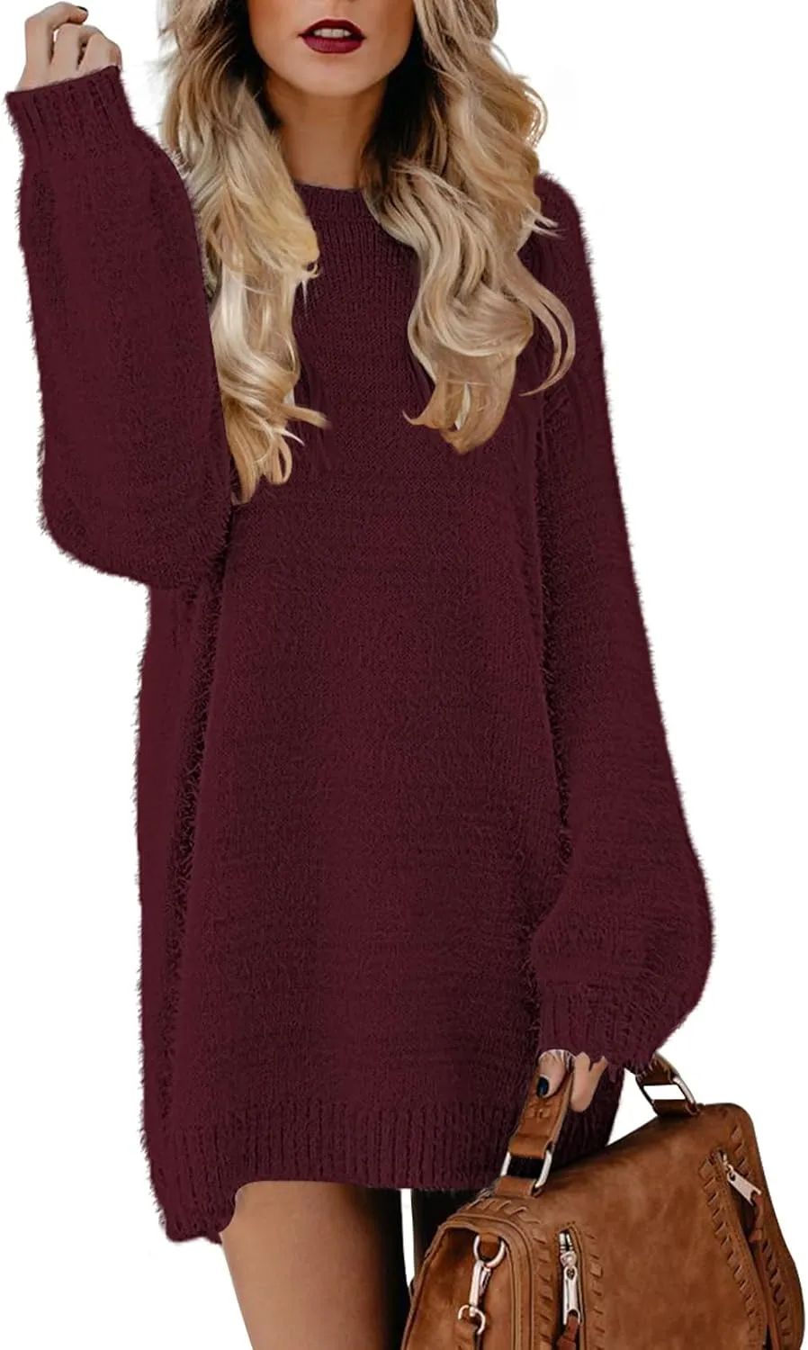 Cutiefox Women's Furry Oversized Crew Neck Pullover Sweater Mini Dress