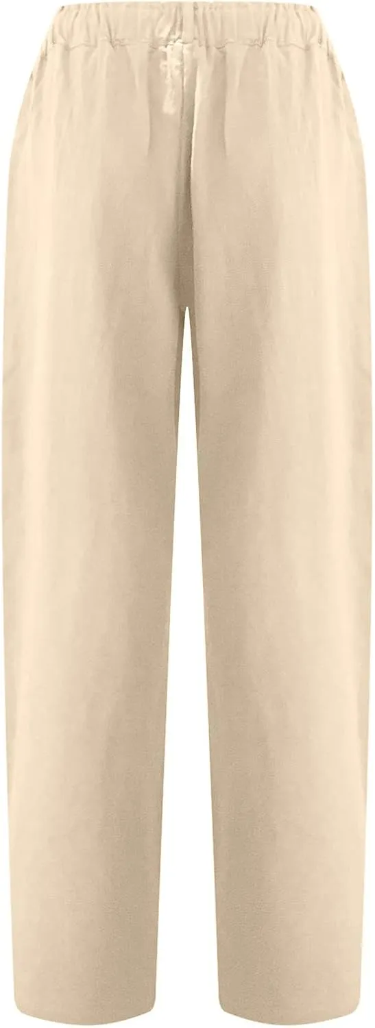 DASAYO Women Button Cotton Linen Capris Trousers Casual Beach Crop Straight Capri Pant Elastic Waist Summer Cropped Pants