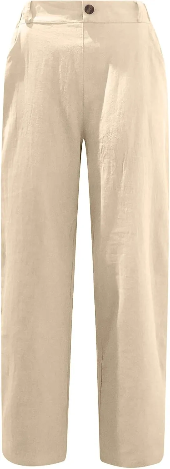DASAYO Women Button Cotton Linen Capris Trousers Casual Beach Crop Straight Capri Pant Elastic Waist Summer Cropped Pants