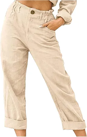 DASAYO Women Button Cotton Linen Capris Trousers Casual Beach Crop Straight Capri Pant Elastic Waist Summer Cropped Pants
