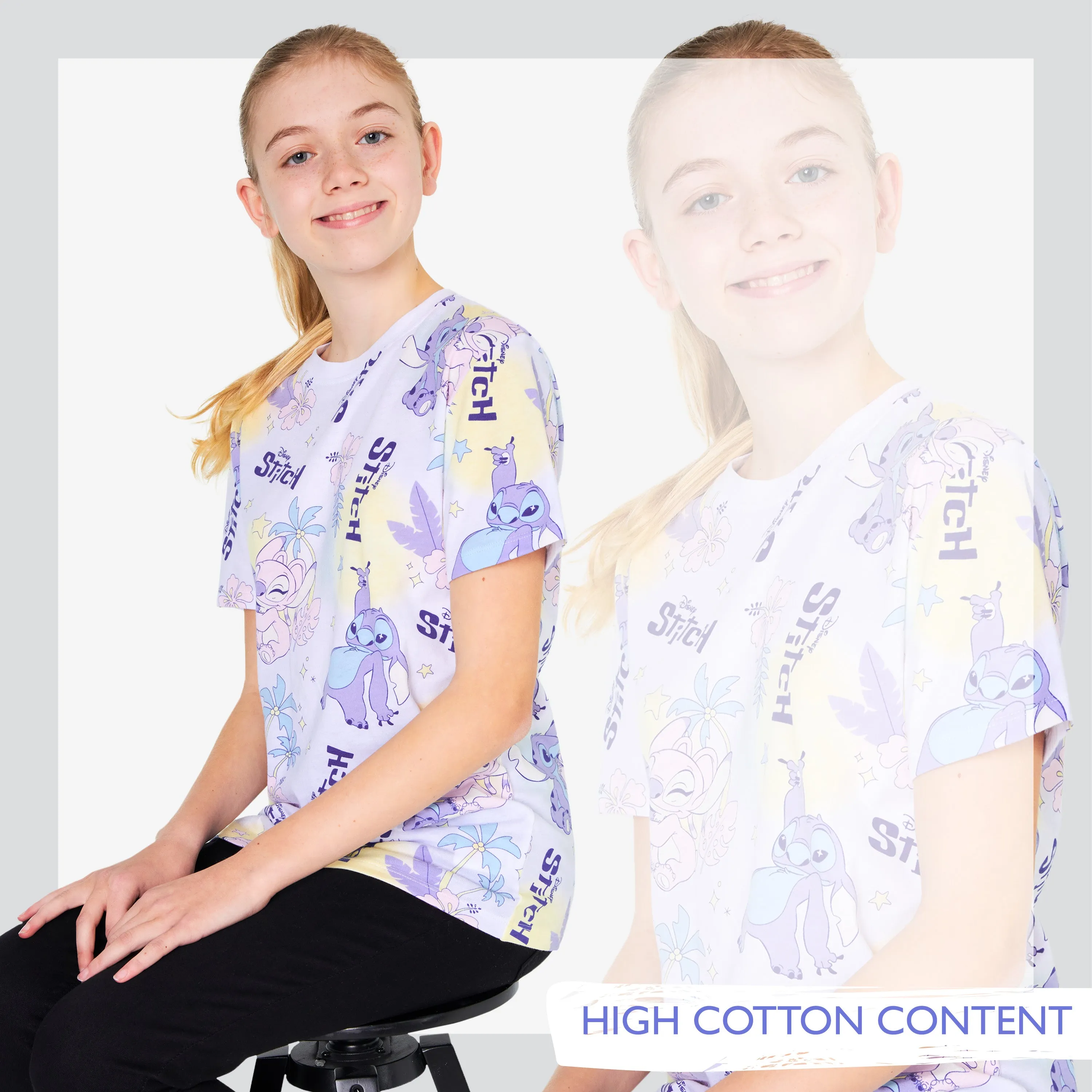 Disney Stitch Girls Crew Neck T-Shirts, Soft Breathable Pack of 2 - Stitch Gifts