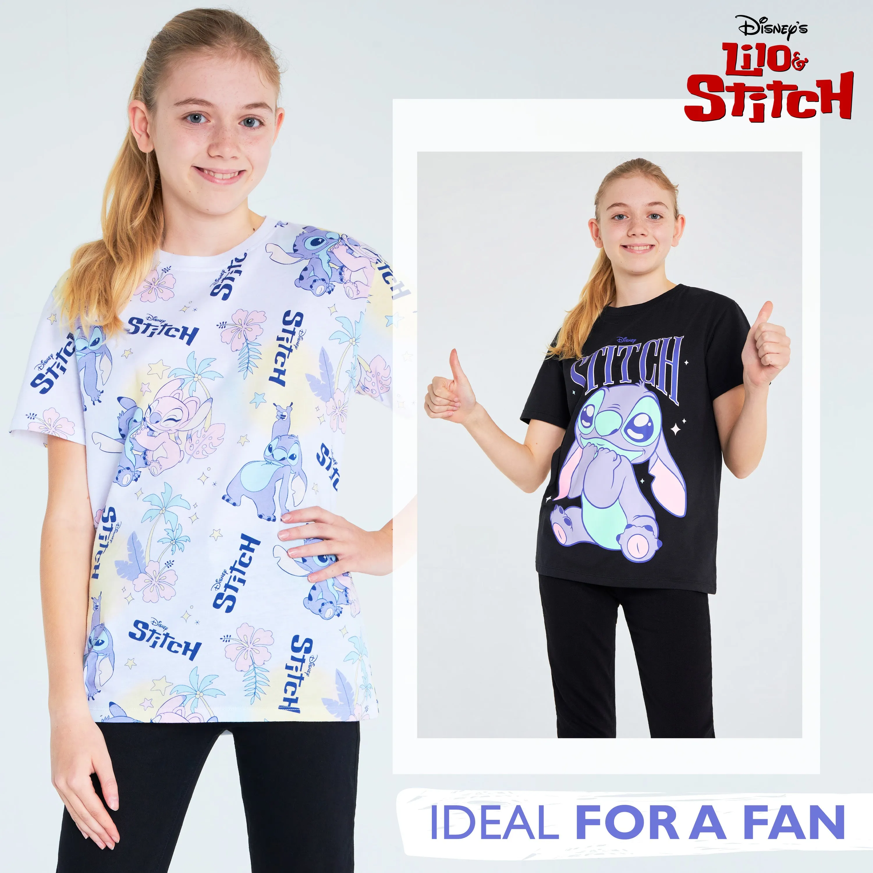 Disney Stitch Girls Crew Neck T-Shirts, Soft Breathable Pack of 2 - Stitch Gifts