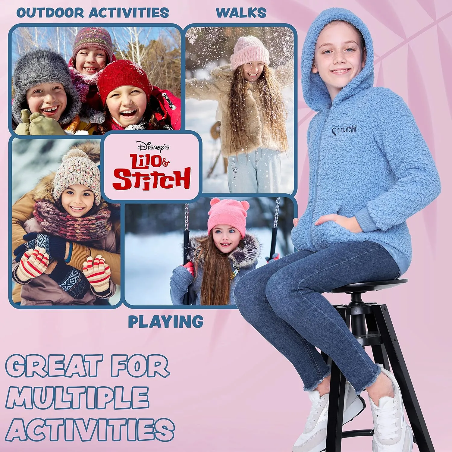 Disney Stitch Sherpa Hoodie for Girls, Zip Up Fleece Fluffy Hoodie for Kids Teens