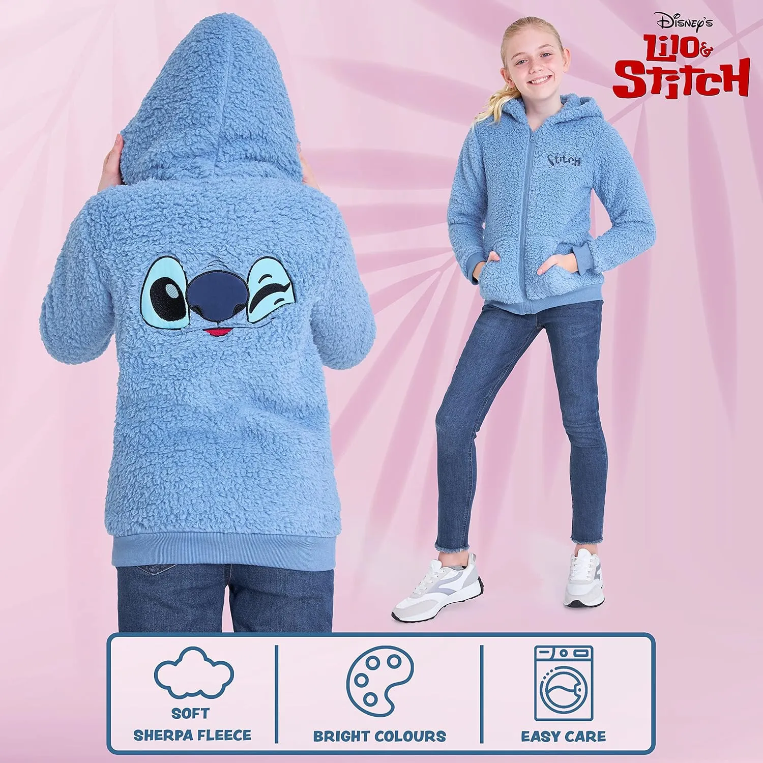 Disney Stitch Sherpa Hoodie for Girls, Zip Up Fleece Fluffy Hoodie for Kids Teens